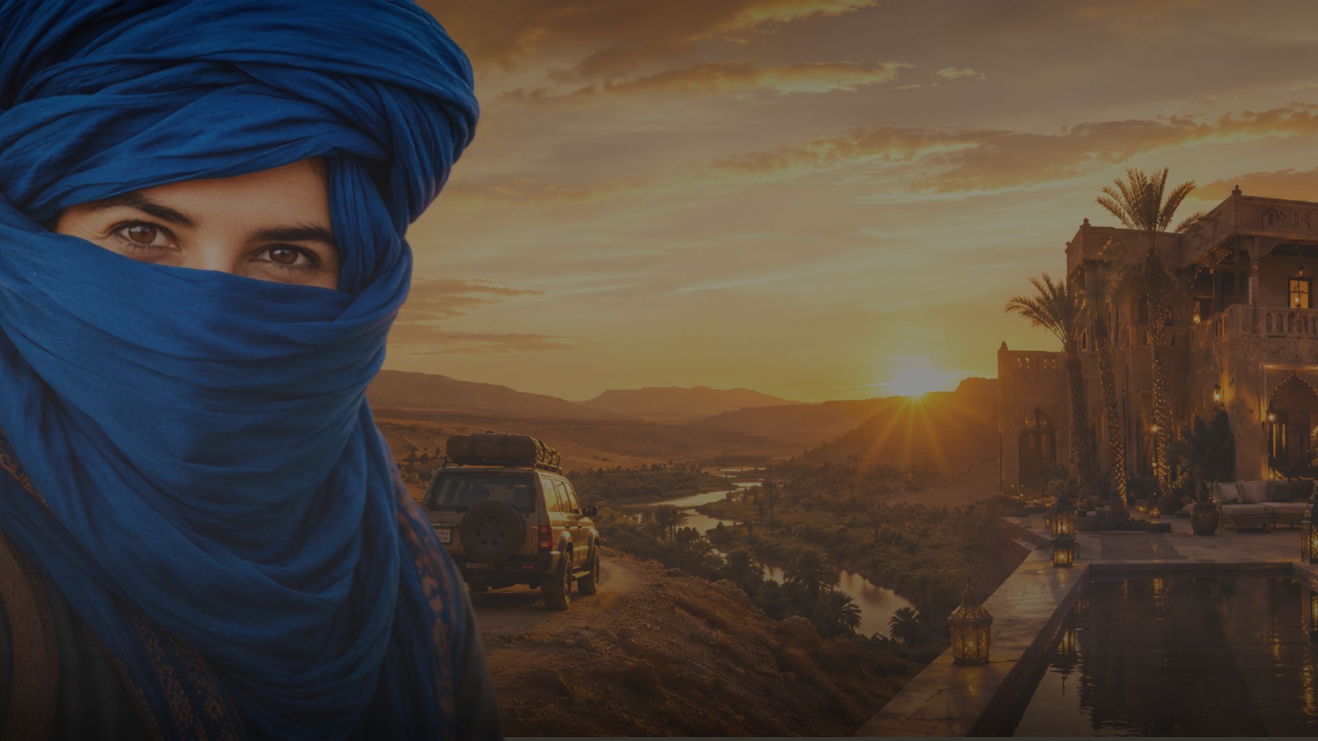 Guía tuareg y paisaje del desierto de Erg Chegaga al atardecer